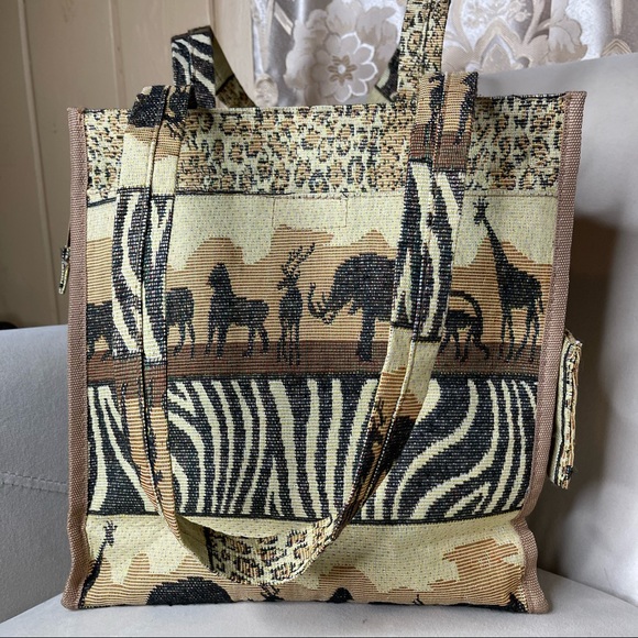 Handbags - Vintage African Safari Themed Tapestry Tote Bag Purse Benjamin Jordan